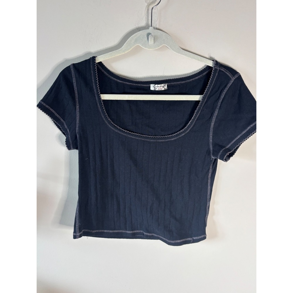 Intimately Free People Ribbed Scoop‎ Neck Baby Tee Black Contrast Stitch Large